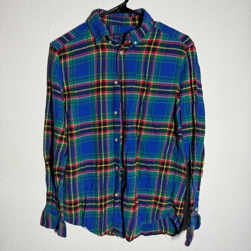 Ralph Lauren Flannel Shirt Boys  18-20 Blue Multi Plaid Pony Logo‎ Button Down